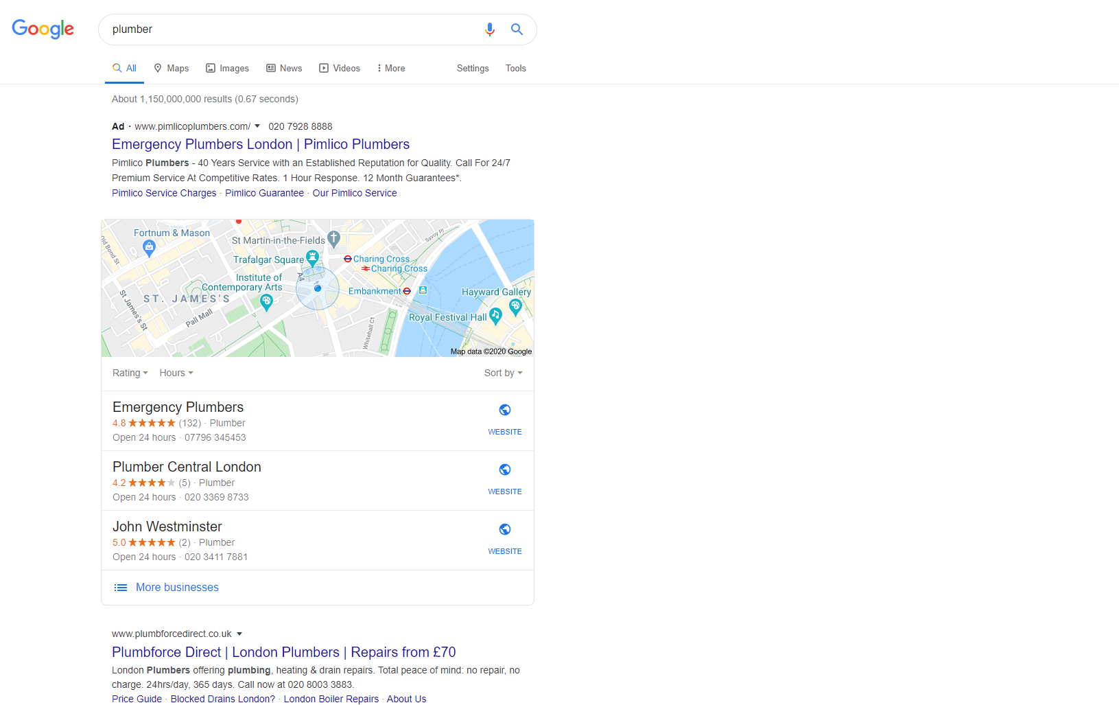 Search engine result for plumber in London